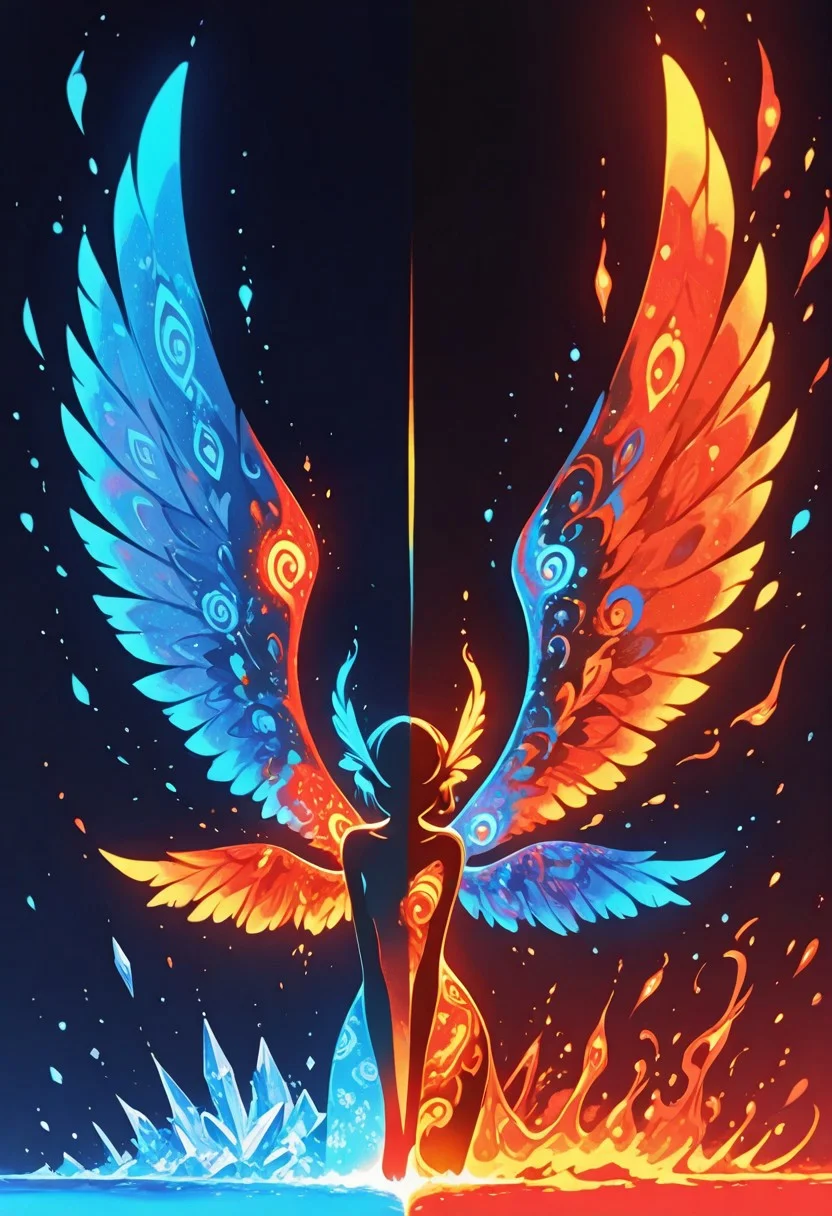 1 girl , magic pattern , close up , blue glow , neon theme , red theme , blue theme , fire theme ,ice theme , (theme split , split screen :1.3) , feather wings , big wings , glowing feather ,
masterpiece, best quality ,amazing quality ,Bright_illu ,psyc0d3l1c ,Protoneon , sometyome_illu ,