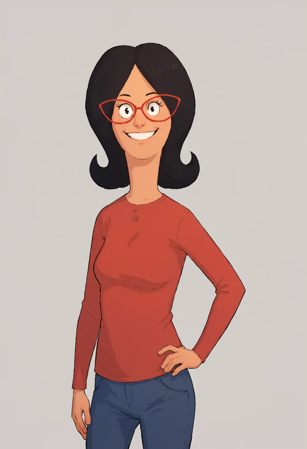 <lora:LindaPony1.0:0.8> linda, 1girl, black hair, solo, glasses, red-framed eyewear, smile, red shirt, looking at viewer, long sleeves, pants,, score_9, score_8_up, score_7_up, score_6_up, score_5_up, score_4_up, looking at viewer, hand on own hip, cowboy shot,grey background,