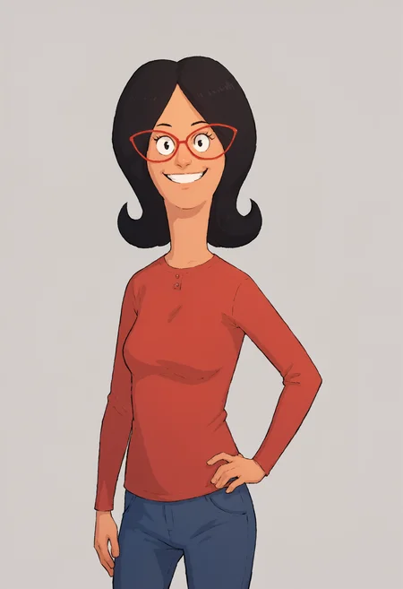 <lora:LindaPony1.0:0.8> linda, 1girl, black hair, solo, glasses, red-framed eyewear, smile, red shirt, looking at viewer, long sleeves, pants,, score_9, score_8_up, score_7_up, score_6_up, score_5_up, score_4_up, looking at viewer, hand on own hip, cowboy shot,grey background,