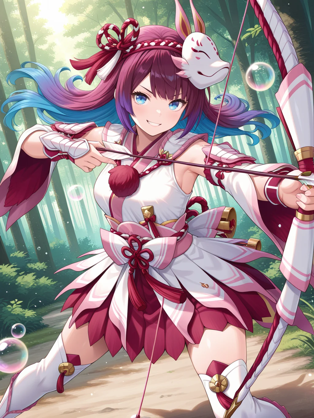 mizutsune gunner armor,1girl,solo,smile,purple hair,long hair,multicolored hair,looking at viewer,blue eyes,floating hair,shadow,closed mouth,blue hair,holding arrow \(projectile\),bow \(weapon\),holding bow \(weapon\),bubble,arrow \(projectile\),pink hairband,white kimono dress,pink sash bow,white detached sleeves,white vambraces,white thigh boots,forest,fighting stance,clenched teeth,drawing bow,aiming at viewer,
masterpiece,best quality,amazing quality,very aesthetic,absurdres,newest,<lora:Mizutsune Armor Beta illuXL v1:0.7>,
