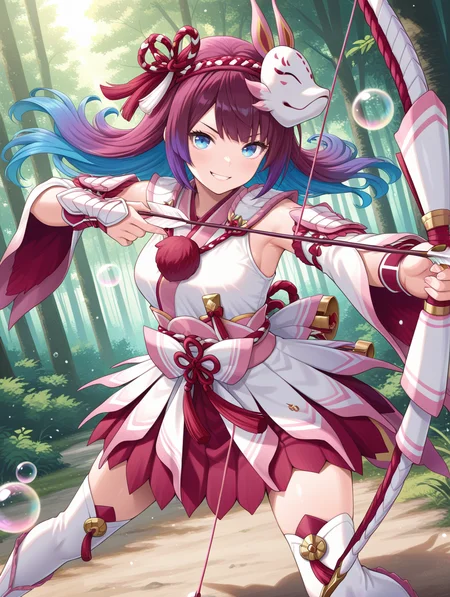 mizutsune gunner armor,1girl,solo,smile,purple hair,long hair,multicolored hair,looking at viewer,blue eyes,floating hair,shadow,closed mouth,blue hair,holding arrow \(projectile\),bow \(weapon\),holding bow \(weapon\),bubble,arrow \(projectile\),pink hairband,white kimono dress,pink sash bow,white detached sleeves,white vambraces,white thigh boots,forest,fighting stance,clenched teeth,drawing bow,aiming at viewer,
masterpiece,best quality,amazing quality,very aesthetic,absurdres,newest,<lora:Mizutsune Armor Beta illuXL v1:0.7>,