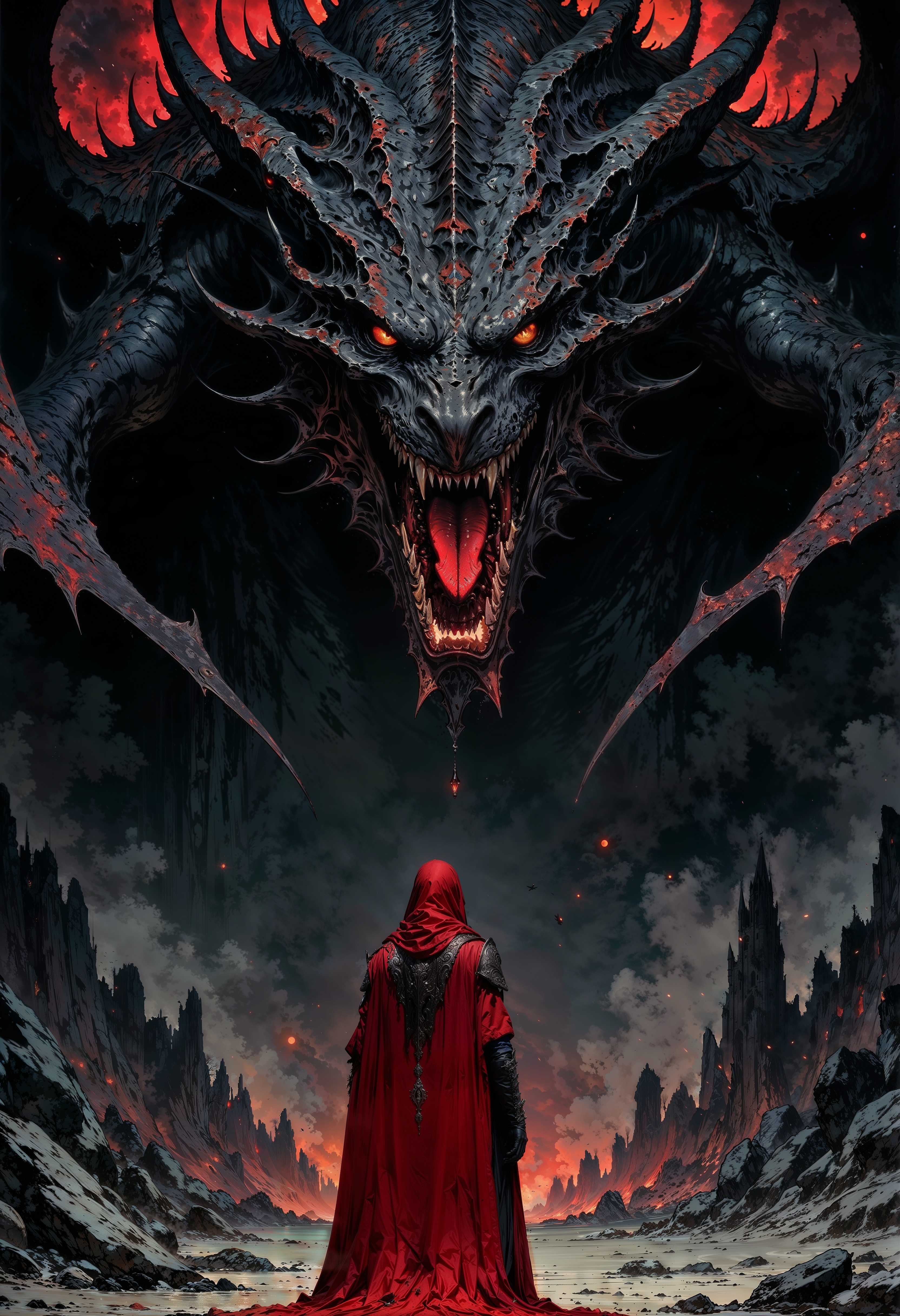 a dramatic scene with a large, menacing dragon and a lone figure. The dragon dominates the composition, with its massive, intricately detailed black scales and sharp, red-tinted spikes. Its eyes glow ominously, and its mouth is open, revealing sharp teeth and a fiery red glow emanating from within. The dragon's wings are partially spread, showcasing a gradient of black to red. The background is a misty, dark landscape, adding to the ominous atmosphere. In the foreground, a solitary figure stands facing the dragon, cloaked in a long, flowing red cape. The figure's features are obscured, adding mystery to their identity. The overall color palette is dark with striking red accents, enhancing the dramatic and fantastical nature of the scene.