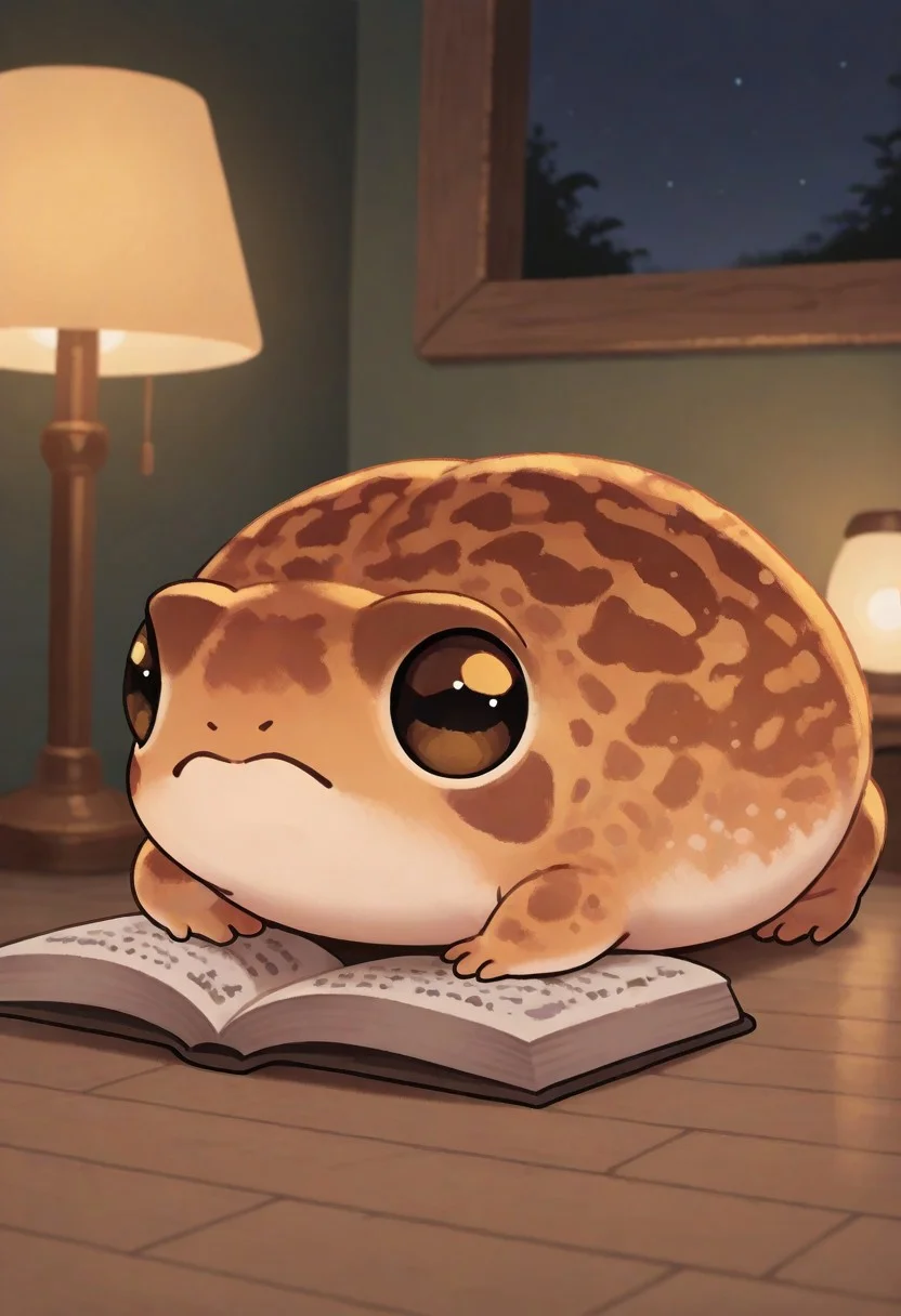 "(masterpiece, best quality, high quality, highres), very awa, highres, absurdres,
(naguru \(cyoroama\):0.9), (chii-kun \(seedyoulater\):0.7), (pikaole:0.8),
DRFTPFV1.0, frog, desert rain frog, african rain frog, animal, animal Focus,
(no humans:1.1), (cute:1.2), comfy, solo, cozy,
indoors, reading a book, asleep, curious, relaxed, bored, sad, lying on floor, night, lamp, "