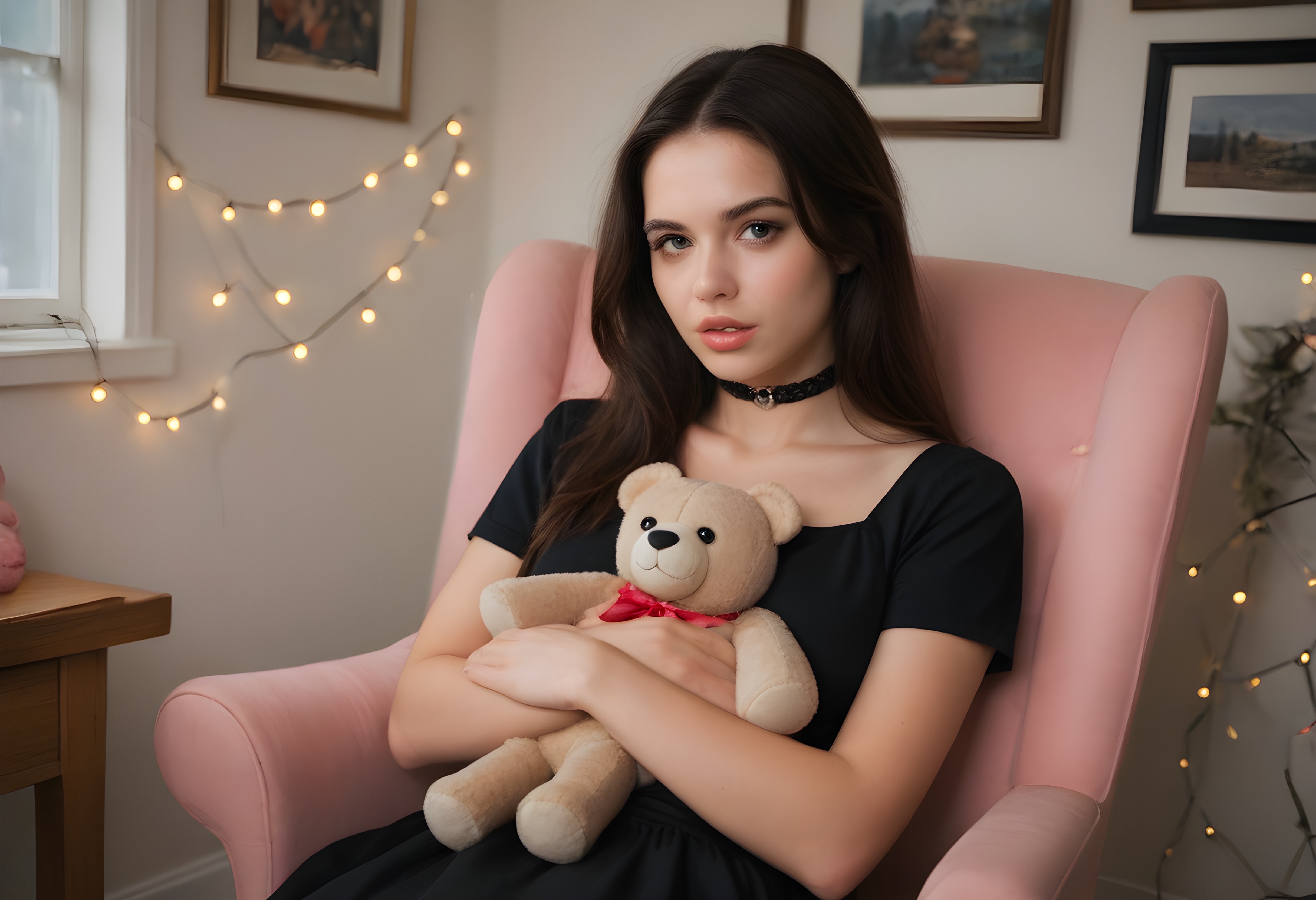 score_9, score_8_up, score_7_up, BREAK, The image shows a woman sitting in a pink chair with a teddy bear beside her. She is wearing a black dress and there are lights attached to the wall behind her. realistic, 1girl, solo, long hair, looking at viewer, brown hair, black hair, short sleeves, parted lips, teeth, choker, indoors, lips, dutch angle, window, stuffed toy, stuffed animal, teddy bear, realistic,  photo, real hair, detailed skin, highly detailed, detailed skin, film grain, <lora:zy_AmateurStyle_v2:0.45>