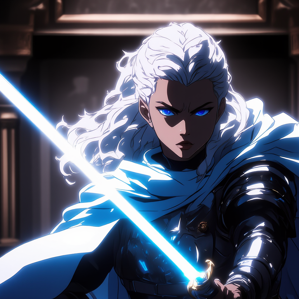 Create an intense anime-style illustration of "Jeanne d'Arc Alter in the Type-Moon universe." "Merge Star Wars with lightsabers."  <lora:Add_More_details_Flux:0.8>   <lora:FadooStyleV2_r1:1> FADOOSTYLEV2