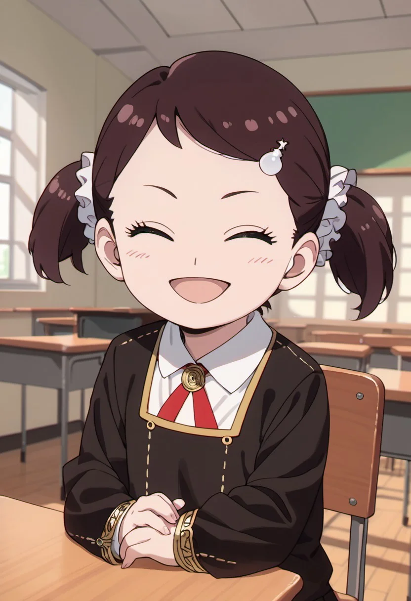 score_9, score_8_up, score_7_up, source_anime,becky blackbell, female child, child, brown hair, short twintails, 1girl, closed eyes, school uniform, twintails, eden academy school uniform, solo, smile, hair ornament, classroom, open mouth, chair, indoors