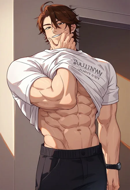 score_9, score_8_up, score_7_up, ((source_cartoon)), flat cartoon, solo, 1boy, sexy boy, white shirt, shirt, muscular male, very muscular, writing on shirt, brown hair, smirk, looking at viewer, shoes, male focus, watch, guiltychallengece, shirt lift, arm under shirt, own hand on face, from side, hud_gu1lty, abs, clothes lift, hand on own face, navel