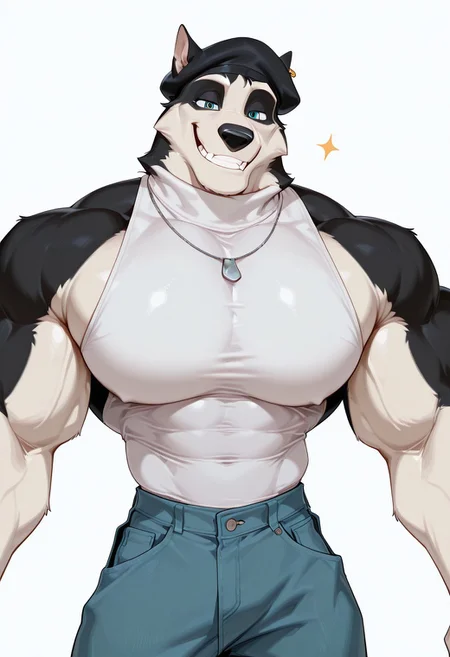 Big b4lt0, feral, furry male, source_furry, chest tuft, dog, solo, male, muscular, nice eyes, sleeveless turtleneck shirt, looking at viewer, fangs, smiling, mouth, smiling, showing teeth, ear ring, detailed eyes, turtleneck shirt, turquoise eyes, nice eyes, silver necklace, pants, tank top, smiling, close up, face focus, pec focus, peace sign, 2024, 2023, 2022, w0lfc0nf, masterpiece, best quality, amazing quality, black beret hat, French beret, harem pants, saggy pants, hip hop pants, shirt with black and pink checker design, muscular male, big muscles, (huge muscles), muscular arms, muscular pecs, very tight shirt, muscular male, big muscles, (huge muscles), muscular arms, muscular pecs, hyper muscles, blepping, mlemming, blep, mlem