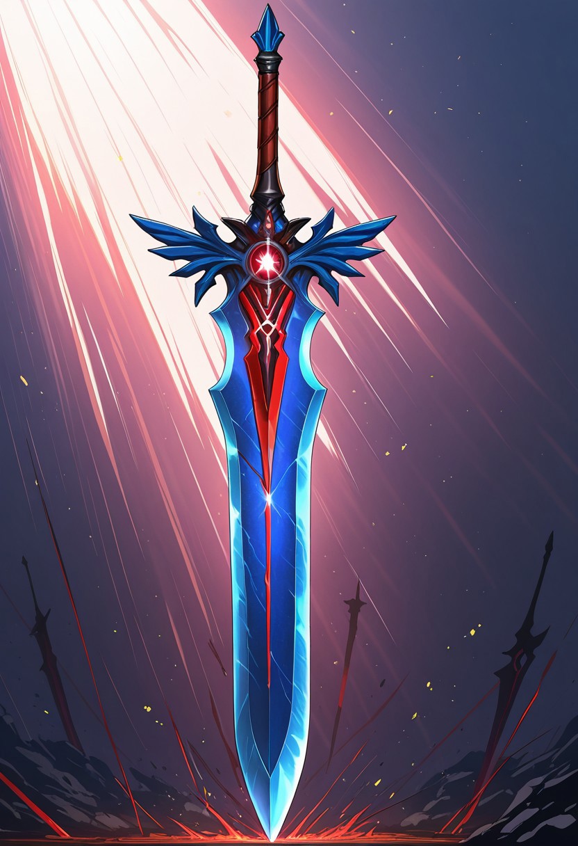 MASTERPIECE, AMAZING QUALITY, NO HUMANS, G0DSW0RD, FUSED SWORD, BLUE BLADE, RED BLADE,