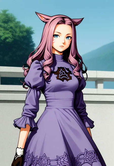 no2 type b dress, source_anime, newest, 1girl, solo, dress, thighhighs, outdoors, cat ears, miqo'te, purple hair, curly hair, long hair, hairband, puffy sleeves, purple dress, standing, portrait, gloves, BREAK PonyXLV6_Scores