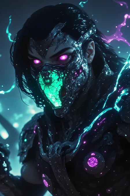 The close-up focuses on the manic face of a warrior with ashen gray skin and luminous blue tribal tattoos that pulse like neon circuits. His wild, shoulder-length hair, streaked with electric purple, flies in every direction, framing his angular jaw and wide, unblinking eyes. His cybernetic jawplate is cracked and sparking, revealing jagged, metallic teeth that seem built for ripping rather than speaking. A shattered visor dangles from his forehead, the flickering holographic interface casting glitchy green lights across his battle-scarred face. His chest armor, visible in the frame, is a crude fusion of glowing cybertech and dragon-scale plating, scarred and dented from countless battles. A faint mist of blood and oil lingers in the air, caught in the dim, flickering light of a smog-choked dystopian battlefield behind him. His glowing, cyber-enhanced arm is clenched into a fist, the circuitry visibly sparking as it overloads with raw energy. One of his eyes is swollen and bloodshot, while the other is a glowing, violet orb that tracks movement unnervingly fast. The madness in his expression is matched only by the faint, pulsating energy surrounding him, a mix of runic symbols and digital glitches that mark him as a force of chaos. , detailed background Fantastic lighting. Detailed shadows.intricate details, vivid colors, hyper-detailed, ultra-sharp, High resolution, high detail. Highly detailed.hknuns,<lora:Fluxhknuns-000001:0.6><lora:wasted_films-000018:0.3><lora:GodsAndMayhemFlux:0.7><lora:apoclypse02-style-000019:0.7><lora:sss-snek-000001:0.6><lora:Hyperdetailed_Colored_Pencil:0.6>