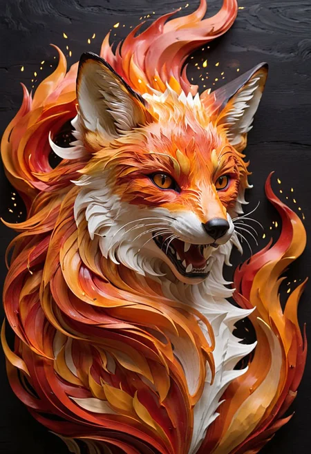 Generate an image of a magnificent fox formed of vibrant, swirling flames in hues of fiery orange and red, set against a velvety, dark backdrop. The fox exudes a sense of dynamic motion, its lithe body and mane crafted from mesmerizing, undulating lines of flame that convey a sense of power and vitality. The intricate details of the fox's facial features are meticulously captured, highlighting the intensity and intelligence in its fiery gaze. The overall composition combines strength and artistry, showcasing the essence of a fox embodied by flames, emphasizing the fluidity and energy of the blazing inferno.