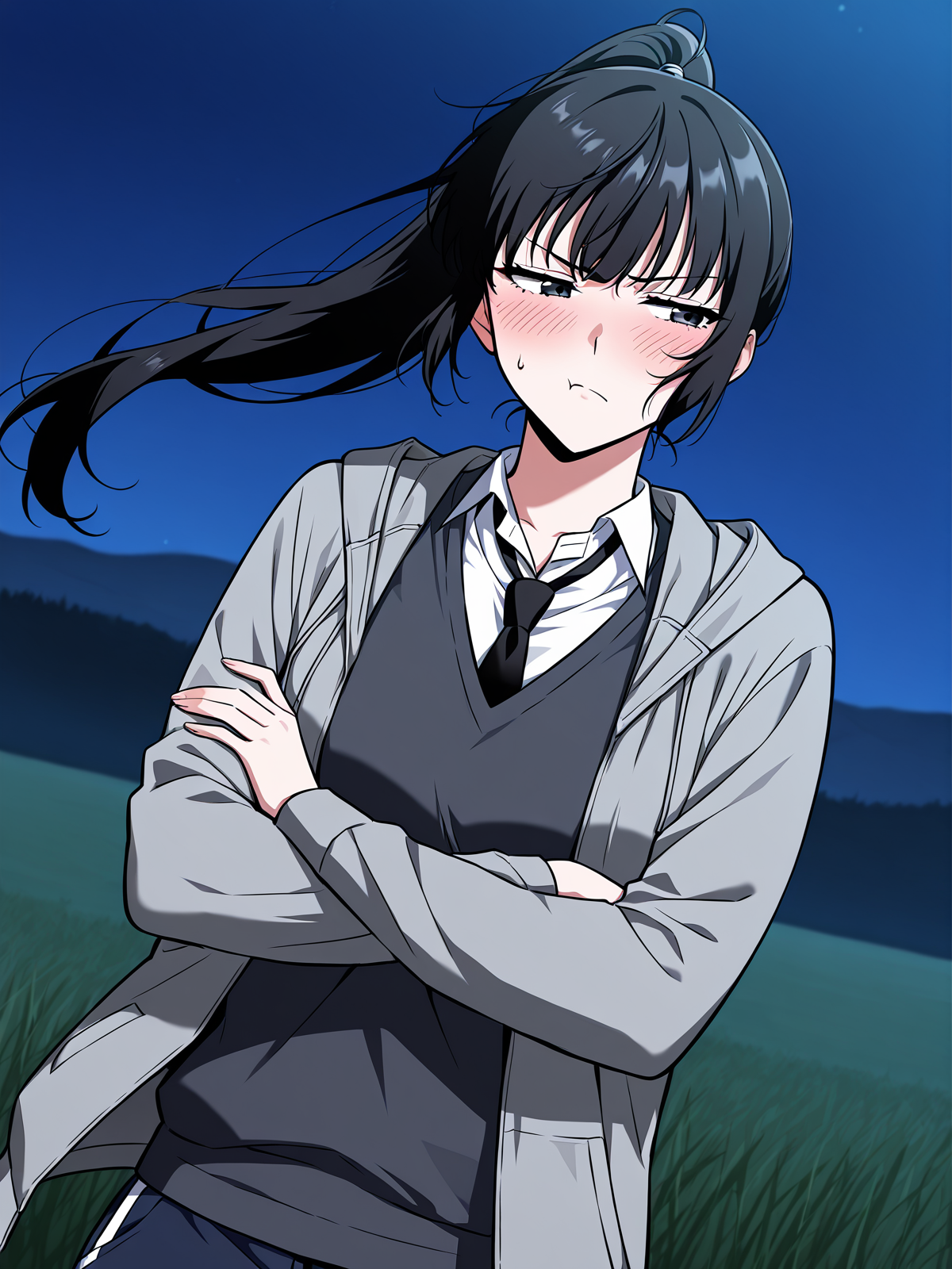 <lora:Omniscient_Readers_Viewpoint__Lee_Jihye:1>
1girl, solo, long hair, black hair, tied hair, high ponytail, black eyes, messy bangs, 
gray hoodie, school uniform, white shirt, black tie, dark gray sweater vest, navy blue track pants, white stripe pants, white sneakers, casual and uniform mix, layered clothing,
score_9, score_8_up, score_7_up, very aesthetic, source_anime, detailed, high quality, beautiful, masterpiece, detailed eyes, field, blurry background, pose dynamic angle, upper body, cowboy shot, floating hair, half-closed eyes, arms crossed, looking to the side, pouting, sulking, embarrassed, night,