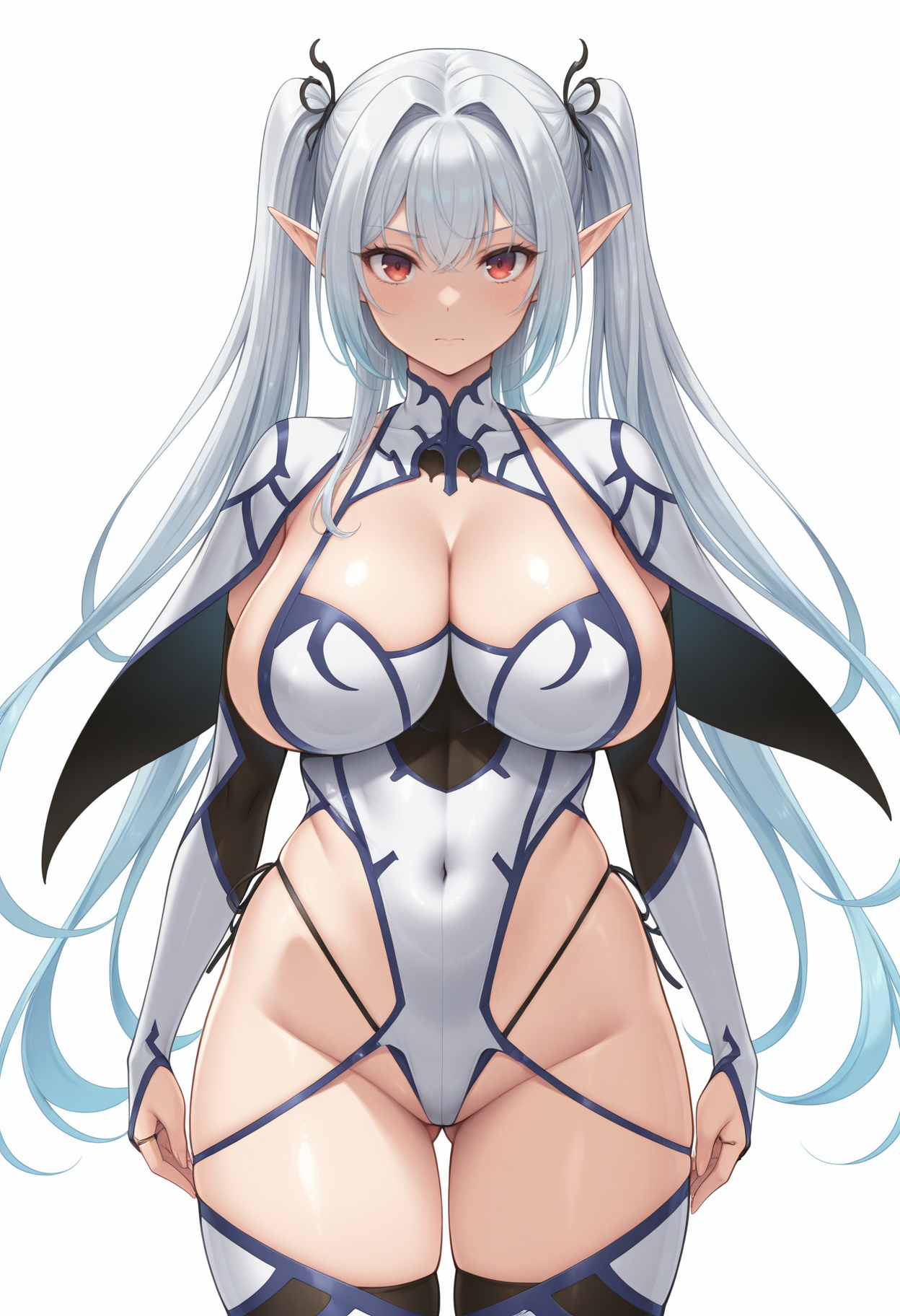 masterpiece, best quality,
1girl, solo,
standing, 
looking at viewer, 
<lora:Firis_Hagerhelm:0.8> F1r1sH4g3rh3lm, elf, pointy ears, long hair, gradient hair, twintails, sidelocks, hair intakes, multicolored hair, white hair, blue hair, red eyes, large breasts, 
bridal gauntlets, covered navel, highleg leotard, leotard, thighhighs, cleavage, 
white background, simple background,