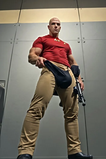 1boy, 20 year old male, Handsome, masculine, blonde, star trek, red shirt, muscle, tall, tight shirt, wide pectorals, big shoulders, wide shoulders, muscular neck, German, standing at attention, bald, big pale blue eyes, abs, biceps, serious facial expression, phaser rifle, hand, long bulge in his pants, ((((view from below)))),
1960 black dress pants, pants,
stunf, star trek uniform, uss enterprise ncc-1701 interior background, star trek, space ship interior, 1960s TV,