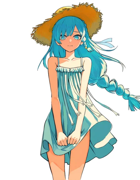 (haku_geroda:0.5),sundress,straw hat,homu,dress_tug,wind,shy,white background,simple background,front view,looking at viewer,
yuebai02,1girl,solo,blue hair,long hair,blue eyes,braid,
<lora:yuebai_noob>,masterpiece,best quality,very aesthetic,absurdres,