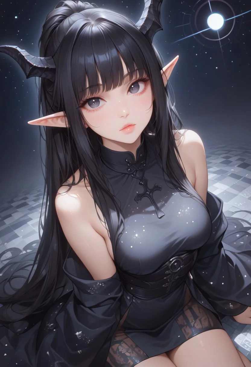 zPDXL3, score_9, score_8_up, score_7_up, rating safe, 1girl, elf girl, horns, solo, 21year old, black hair, messy ponytail, fringe, black eyes, medium breasts, petite body, glossy skin, starry robes, flowing constellations, celestial observatory, orbital spheres, glowing telescope, crystal floor, floating planets, soft moonlight, looking at viewer, eye contact, dutch angle, warm light, godrays, volumetric lighting, vivid colors, painterly, glitch art photo,