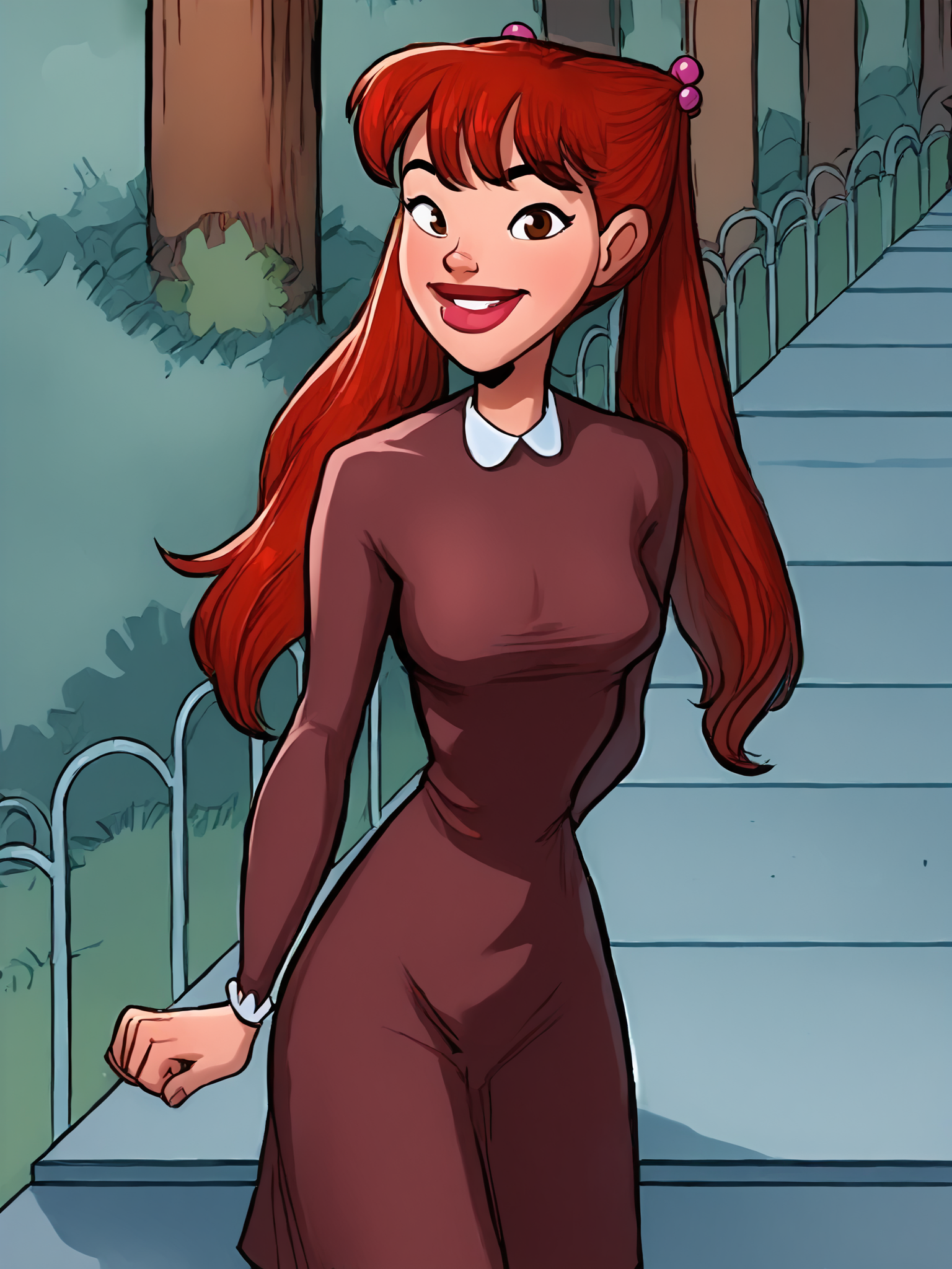 <lora:JuliaHarveyPony1.2:1>  juliah, red hair, thick lips, 1girl, long hair, solo, hair bobbles,twintails,  breasts, brown eyes, dress, socks looking at viewer, smile,outdoors,cowboy shot,   score_9, score_8_up, score_7_up, score_6_up, score_5_up, score_4_up