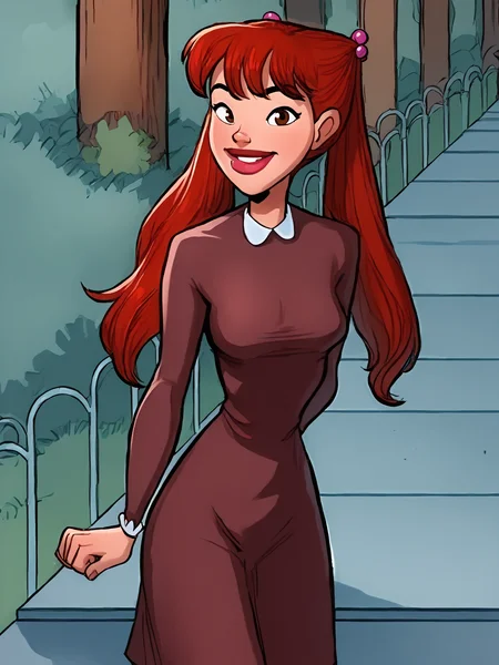 <lora:JuliaHarveyPony1.2:1> juliah, red hair, thick lips, 1girl, long hair, solo, hair bobbles,twintails, breasts, brown eyes, dress, socks looking at viewer, smile,outdoors,cowboy shot, score_9, score_8_up, score_7_up, score_6_up, score_5_up, score_4_up