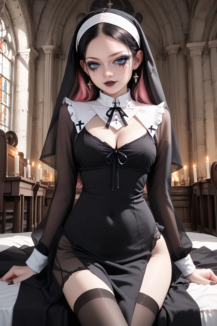1girl, black hair with pink highlights, blue eyes, petite, slim, sexy, goth makeup, cleavage, round breasts, <lora:nun_pony_V1.0:1> nun, thighhighs, cleavage, long sleeves, black dress, in a cathedral, <lora:gg3:0.8> goth girl, (see through), score_9, score_8_up, score_7_up, score_6_up, score_5_up, score_4_up, <lora:040790P:0.8> 040790P, 040790XL, woman, medium breasts, 24 years old,