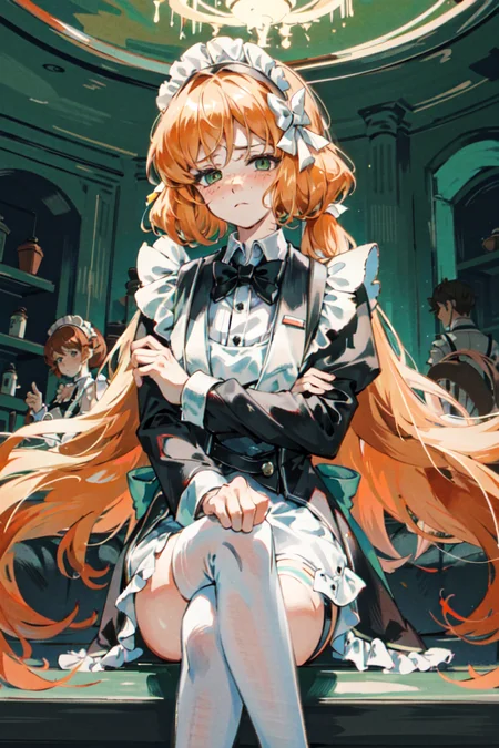 (masterpiece, best quality), illustration, <lora:ishmaellimbus-000030:1>, ishmael_limbus, maid, maid headdress, crossed arms, frown, cafe, cowboy shot, looking at viewer, sitting, crossed legs, from below, looking down,((frown)) long hair, twintail, alternate costume, alternate hairstyle