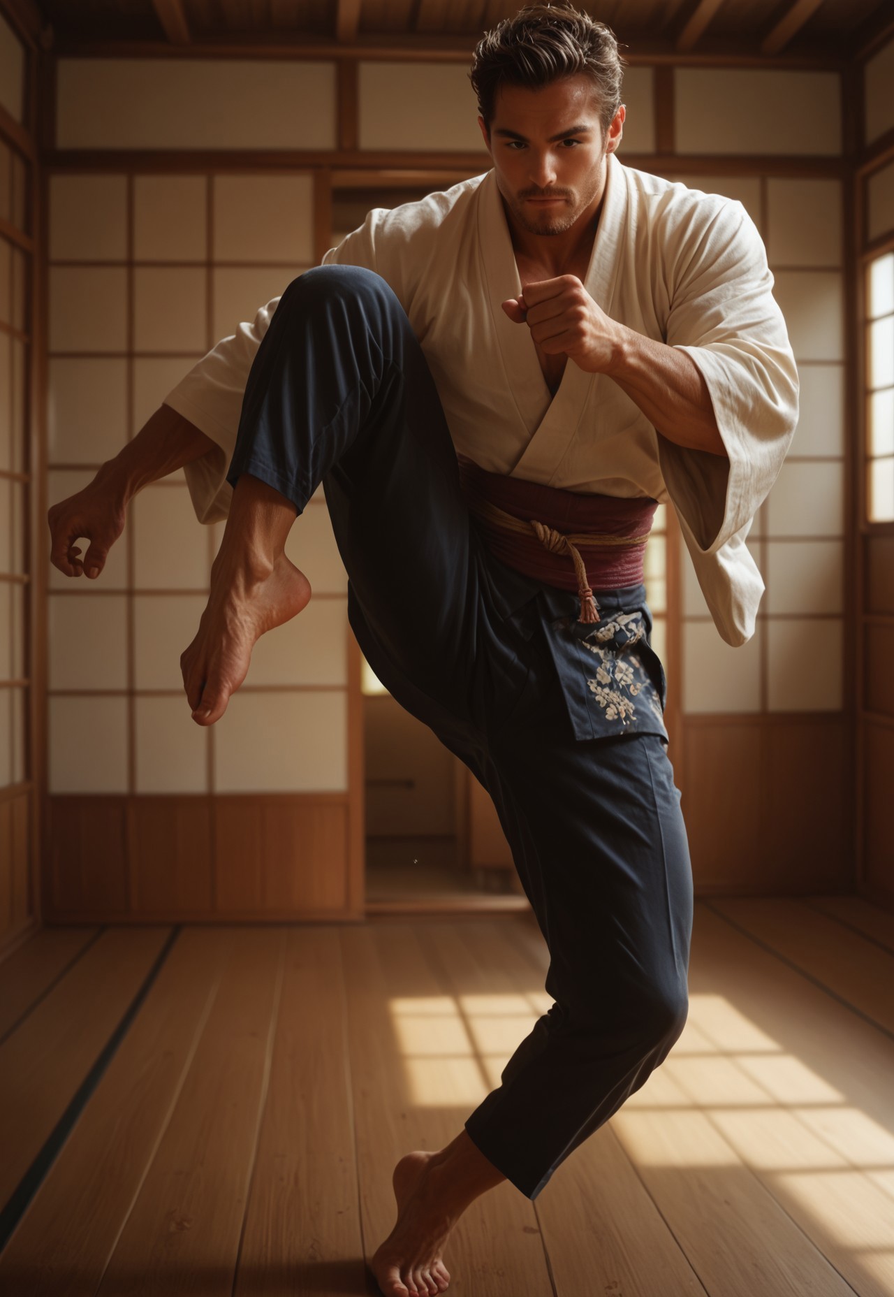 safe_pos, (((score_9, score_8_up, score_7_up))), ((( highly detailed, masterpiece, perfect, detailed, hd, )))
,
((( Knekicmb, )))
,
((( 1boy, solo, muscular, handsome)))
,
((( Standing on one leg)))
,
((( Dojo ))) 
,
((( )))
,
(( ))
,
((( )))
,
()