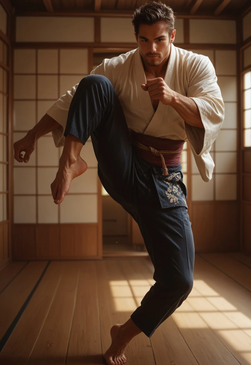 safe_pos, (((score_9, score_8_up, score_7_up))), ((( highly detailed, masterpiece, perfect, detailed, hd, )))
,
((( Knekicmb, )))
,
((( 1boy, solo, muscular, handsome)))
,
((( Standing on one leg)))
,
((( Dojo )))
,
((( )))
,
(( ))
,
((( )))
,
()