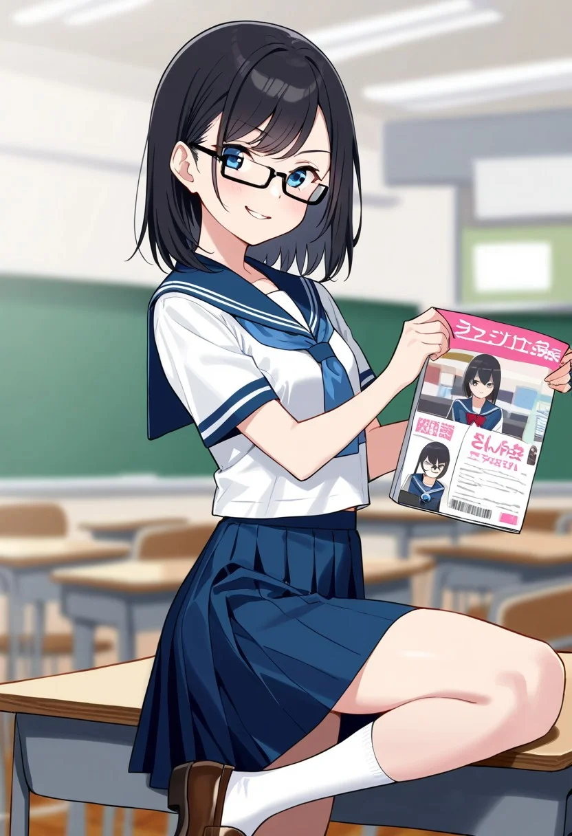 masterpiece, best quality, depth_of_field,
1girl, 18yo girl,
young face, fit body, young body,
small breasts, black hair, side-swept bangs, medium hair, show clavicle,
blue eyes, rectangular glasses,
school uniform(blue sailor uniform, short sleeves, blue skirt,)
white panty, thick thigh,
white socks, brown leather shoes,
serious face, smirk,
magazine shoot, model pose,
classroom,
uncensored,
