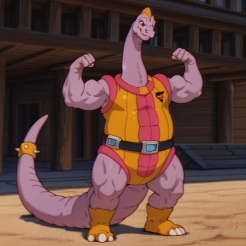 masterpiece, best quality, amazing quality,  BrachioDsil, anthro, male, Brachiosaurus, red eyes, light purple skin, yellow cest,long neck, yellow bodysuit, pink trim, black belt, yellow boots, spiked tail ring, outside, standing, flexing, solo, <lora:9ae1949a-a4e0-48d8-bd90-7ee5edd87036:1.0>