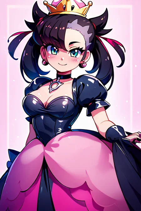 score_9, score_8_up, score_8, medium breasts, (curvy), cute, eyelashes, BREAK, , zzShadowHimeMarnieCitron, super crown, black hair, twintails, asymmetric bangs, crown, black dress, pink gemstone, pink waist bow, bangs, dress, jewelry, short sleeves, earrings, choker, black dress, black choker, <lora:ShadowHimeMarnie_CitronOC_PDXL_v2:0.8>,, BREAK, smile, closed mouth, looking at viewer, cowboy shot, ,,, embedding:zPDXL, Expressiveh, ,,, <lora:Konpeto_PDXL_v3:1.0>, <lora:SDXLFaeTastic2400:0.5>, <lora:Expressive_H-000001:0.4>,