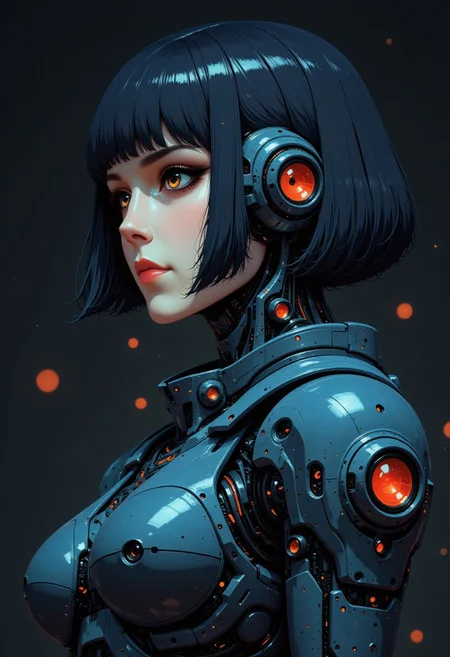 in the style of ck-ncr, in the style of ckcc, female sci-fi android warrior, straight-cut bob, detailed white ceramic robot face, dark eyeshadow, red lips, robot joints and cables, dark blue reflective armour, dark background, bokeh, side view