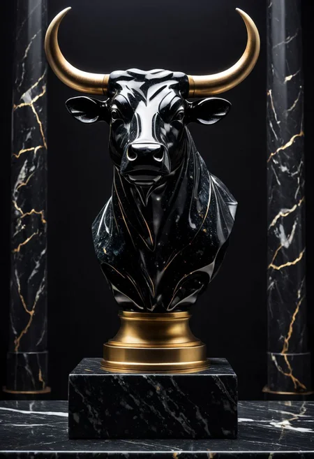 Fujifilm XT3, Sony A7 IV, (award winning photography) a (black: 0.79) marble simple (anthropomorphic bull) bust statue made of opal (Kintsugi: 0.89) set on a pedestal in temple, glistening. in the background beautiful pillars, divine (iridescent: 0.79), opalescent textures, volumetric light, ethereal, sparkling, studio photo, highly detailed, sharp focus (highest quality: 1.39) (highest coherency: 1.39) (award winning photography), highly detailed photography, (muted colors, cinematic, dim colors, soothing tones:1.2), vibrant, insanely detailed, hyperdetailed, (dark shot:1.2), (vsco:0.3), (intricate details:0.9), (hdr, hyperdetailed:1.2) (vignette), sss, raw photo, fijifilm, kodak, cinematic film grain, mesopotamian, babylonian
