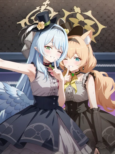 detailed background, shiny skin, posing,
<lora:antisera.pony:1>,
antisera, 2girls, mari, mine, 
sweat, sweat drops, dancing, seductive smile, finger to mouth, one eye closed,