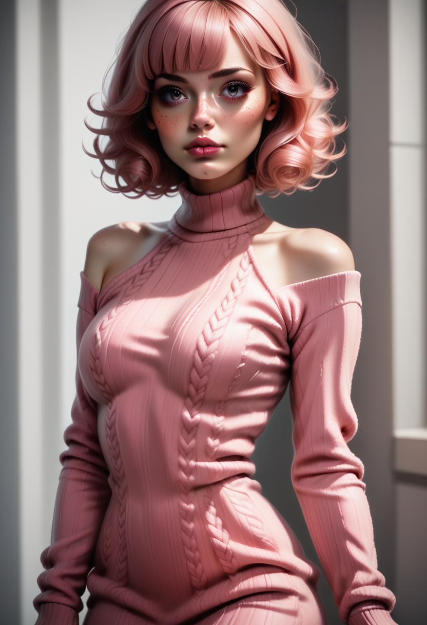 score_9, score_8_up, score_7_up, source_photo, 1girl, solo, d4rk_r0s4, realistic, beautiful eyes, sexy sweater dress, pink dress, long sleeves, bare shoulders, <lora:Dark_Rosa_Pony_v0.2:0.7>