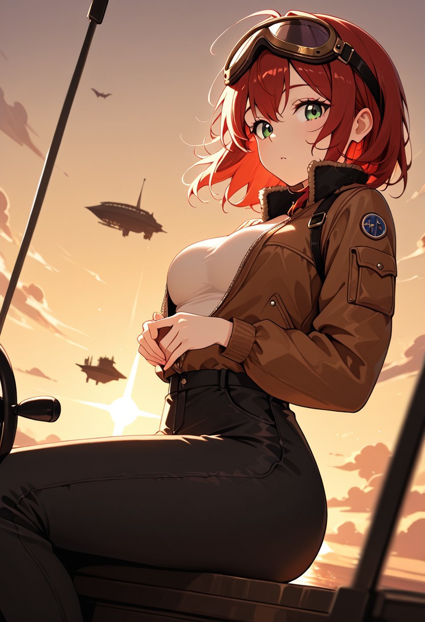 masterpiece, best quality, good quality, very aesthetic, absurdres, newest, 8K, depth of field,  in the style of cknc, artist:moriimee, in the style of cksc, 
1girl, short red hair, wild, green eyes, medium breasts, firm, aviator jacket, goggles on head, glossy skin, steering airship, looking at viewer, from side
BREAK
floating islands, clouds swirling, sunset sky
BREAK
dynamic light, warm colors, high contrast, golden hour lighting, rich details, adventurous vibe