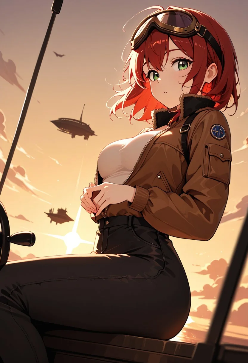 masterpiece, best quality, good quality, very aesthetic, absurdres, newest, 8K, depth of field, in the style of cknc, artist:moriimee, in the style of cksc,
1girl, short red hair, wild, green eyes, medium breasts, firm, aviator jacket, goggles on head, glossy skin, steering airship, looking at viewer, from side
BREAK
floating islands, clouds swirling, sunset sky
BREAK
dynamic light, warm colors, high contrast, golden hour lighting, rich details, adventurous vibe