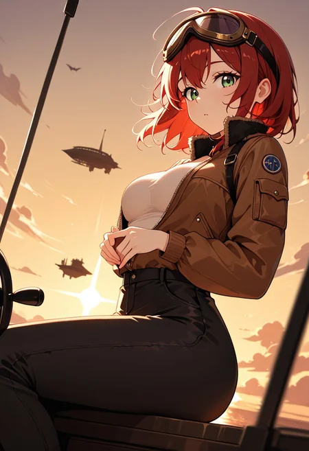 masterpiece, best quality, good quality, very aesthetic, absurdres, newest, 8K, depth of field, in the style of cknc, artist:moriimee, in the style of cksc,
1girl, short red hair, wild, green eyes, medium breasts, firm, aviator jacket, goggles on head, glossy skin, steering airship, looking at viewer, from side
BREAK
floating islands, clouds swirling, sunset sky
BREAK
dynamic light, warm colors, high contrast, golden hour lighting, rich details, adventurous vibe