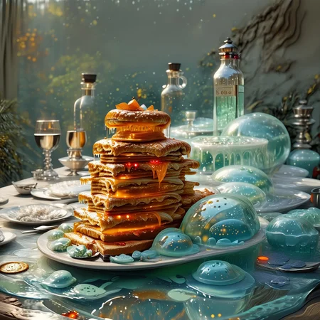 foodphoto, a stack of pancakes made out of slime, pancakes covered in syrup, a swirl of whipped topping on top of a stack of pancakes, plate made of slime, table made of slime,
natural light, no bright spots,
((translucent slime)), ((transparent slime)), made of water, (bioluminescent slime), sl1m3, slime, slime-morph, ais-blmn, saturated colors, no creatures, no humans, no monsters, no pokemon, scenery only, scenery, ral-lava, watce