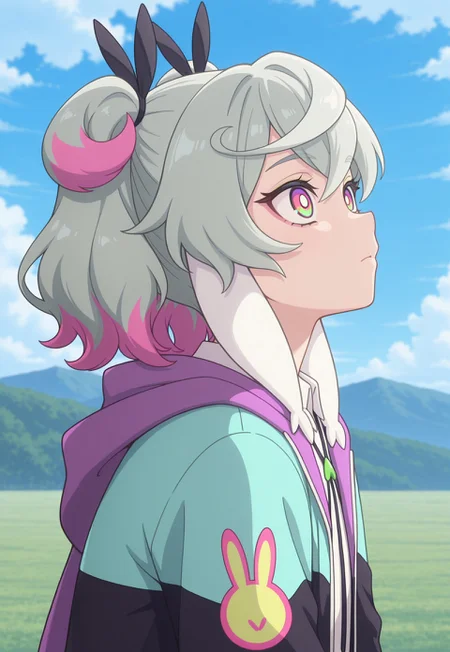 masterpiece,best quality,amazing quality, Pr3me, Multicolored Hair, rabbit ears, Multicolored Eyes, Multicolored Jacket, Collared Shirt, from side, looking up, outdoors,