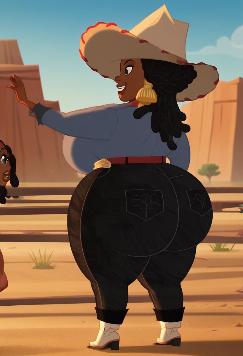 score_9, score_8_up, score_7_up,perfect face,show accurate,screencap,1girl,Myrtle Towne,black hair,thick thighs,fat, dark-skinned female,black eyes, bbw,dreadlocks,huge thighs,huge ass, breasts,cowboy hat,black pants,belt, shirt,
,upper body,huge breasts,hyper breasts,hyper ass,huge ass,back view,tighy pants,squat
,desert, outdoors