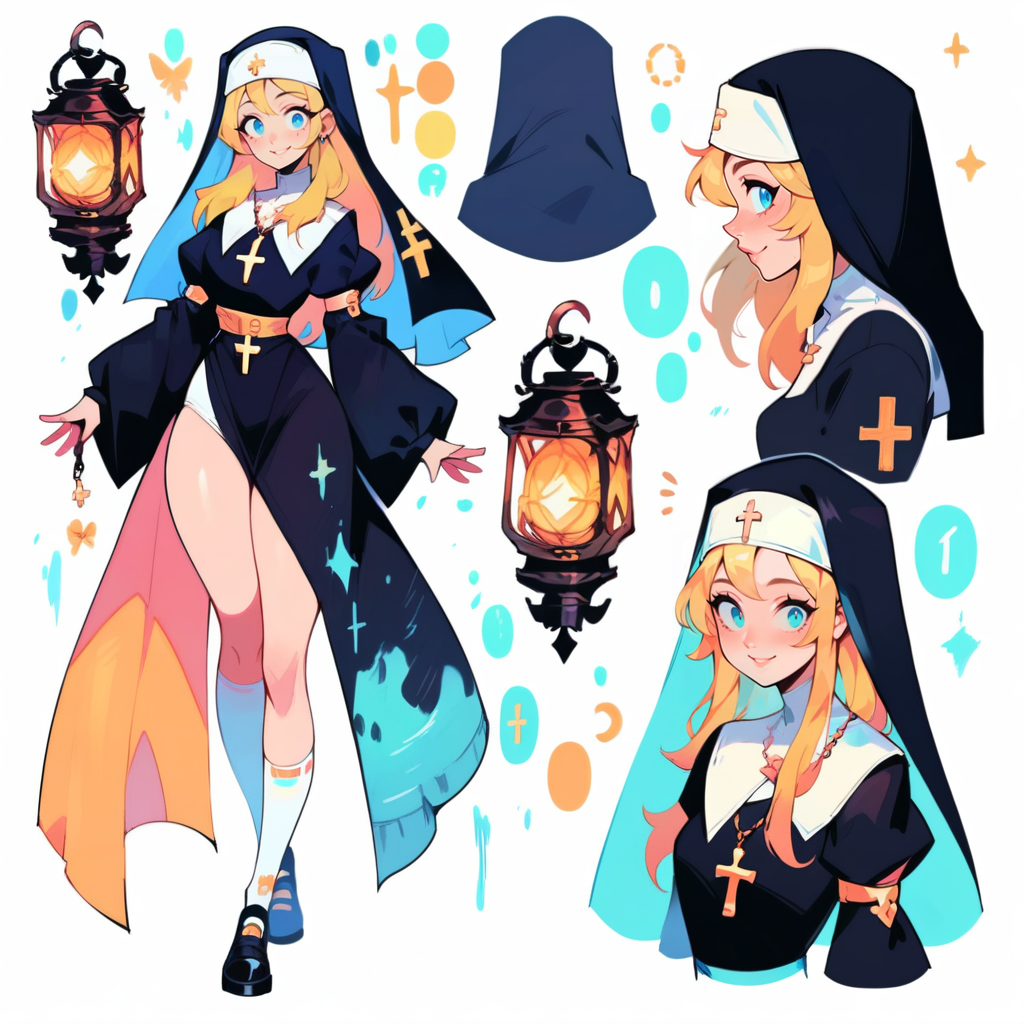 score_9, score_8_up, score_7_up, score_6_up, 1girl, nun, white long hair, blue eyes, big breast, lantern, leaning forward, cute pose, small breasts, thick thighs, smile, looking at viewer, cute, simple white background, dynamic pose, sexy, splash art, concept art, character design, character reference sheet, multiple views, full body, upper body
 <lora:XLPCharacterDesign_Concept:0.9> CharacterDesignXL