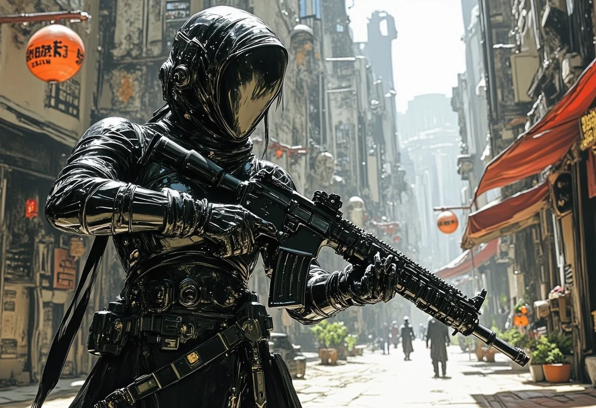 fg A heavily armed cyberpunk girl in the style of Jakub Rozalski. She is an assassin. The girl should have futuristic cybernetic augmentations, wearing sleek, high-tech attire. The setting is a cyberpunk street market. The scene should have a tense, suspenseful aura with a mix of modern technology and traditional elements, reflecting a unique blend of futuristic and historical styles.