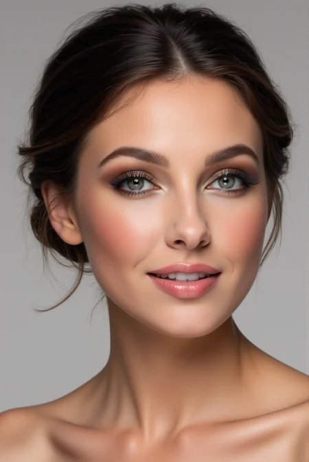 <lora:FFS_v.5:0.8> FFS style. The image is a high-resolution photograph of a young woman taken in a professional, studio setting. She is portrayed in a close-up, head-and-shoulders view, with a soft, light grey background that enhances her features. The woman has a smooth, light olive skin tone and her hair is styled in a sleek, updo, with a few strands casually framing her face. Her eyes are a striking green and accentuated by thick, dark eyelashes, and she wears subtle, expertly applied makeup. Her eyebrows are perfectly groomed and filled in. Her eyelids are highlighted with a light shimmer, and her eyelashes are enhanced with false eyelashes, giving her a more dramatic look. Her lips are full and naturally pink, with a light gloss, and her cheeks have a soft, rosy blush. Her makeup is polished and well-blended, giving her skin a radiant, flawless appearance. She has a slight, friendly smile, showing perfect, straight white teeth. The lighting is soft and even, casting gentle shadows that highlight the contours of her face and her makeup.