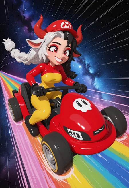 masterpiece, best quality, amazing quality, very aesthetic, absurdres, newest, SH_Style, NIMO, [3d],
[speed lines], smear frame,
solo, ushizaki_urumi, curvy, twin braids, long hair, split-color hair, asymmetrical_eyeliner, white eyeliner, red eyeliner,
super mario cosplay, red hat, cow symbol, mario kart, go-kart, driving, riding, [sitting], excited, grin,
rainbow road, space, race, [dynamic pose]