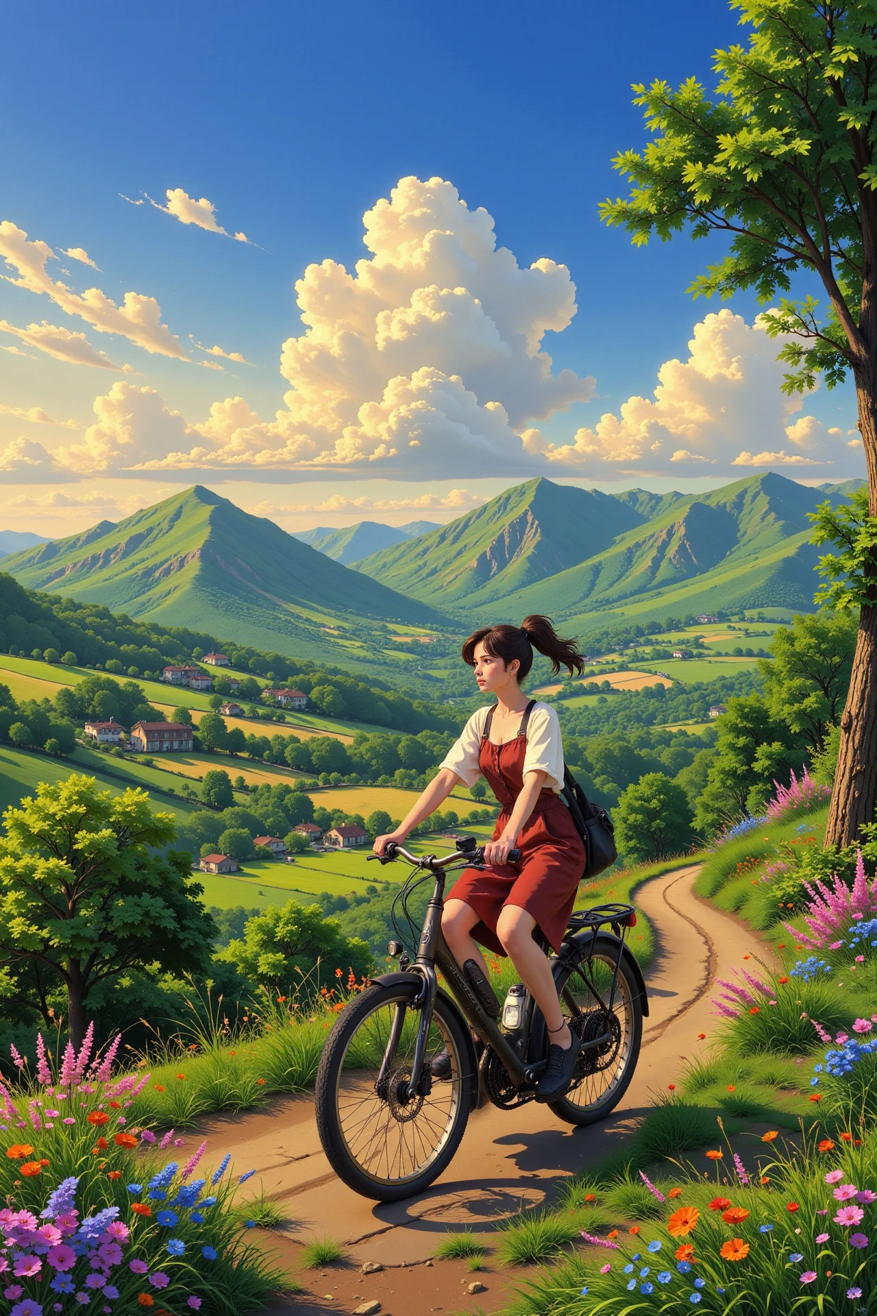 riding a bike beautiful  landscape, early morning, woman, very intricate, very detailed, sharp, bright, colorful, <lora:Hand v2:0.5> <lora:Anti-Blur:1><lora:Insane Detail Slider:0.25>  <lora:flux.1_lora_flyway_Epic-detail_v2:0.3> <lora:fluxenhancer:0.25> <lora:Anime_style:0.6> anime style
