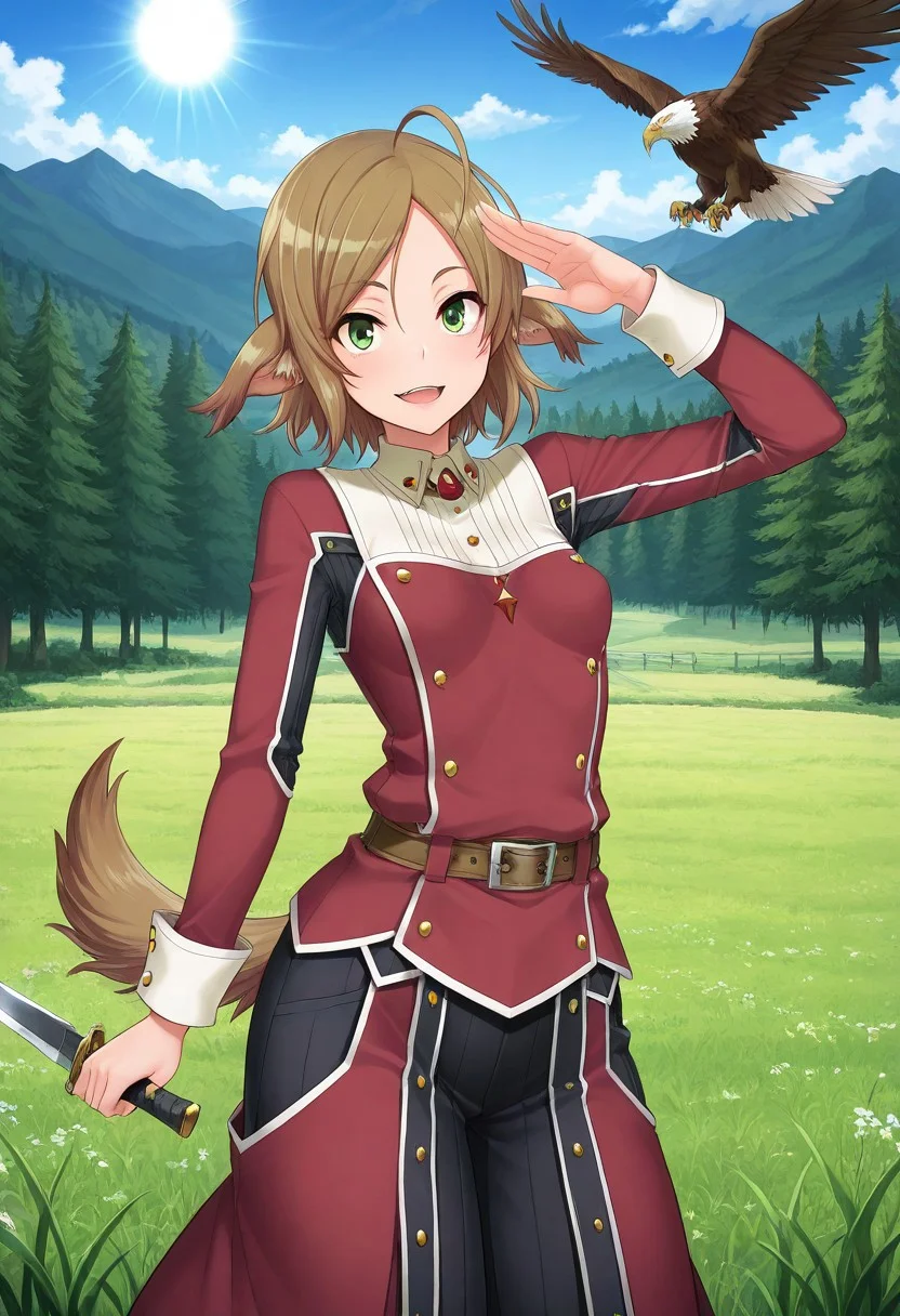 (1girl, solo) noa riads, animal ears, Green Eyes, tail, brown hair, short hair, Pretty eyes, , 1girl, solo,, brown hair,, fluffy tail, ahoge, animal ears, dog ears, small breasts, swept bangs , green eyes, animal ears, tail, , ,
Eye focus , shiny skin, shiny body, shiny hair, (best quality) , (highly detailed) ,((masterpiece)), ((best quality)), (ultra-detailed), ((extremely detailed)), (high resolution), 4K, (8K), best quality, (beautiful), (dynamic lighting), (super detailed skin), sharp focus,detailed eyes、detailed face and detailed skin detailed eyes、detailed face and detailed skin,  , clear skin, shiny hair, ultra detailed eyes, depth of field, sharp, intricate details, hyperdetailed, , 
, best quality, (beautiful), (dynamic lighting) motion lines, goggles white collared shirt Chokha,Caucasus clothes,,wearing red Chokha, solo, male focus, solo, mountain,tree,sun,Flying Eagle,meadow,cloudy sky,blue sky, day,standing, long sleeves, dancing, fighting stance, red Long sleeves,long hem,belt,knife,weapon,bullet clip-like decorations on both sides of the chest , one arm up
  ,, shindol style
