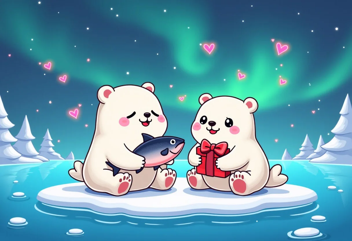 polar bear giving seal one salmon as a gift with gift bow, both cute and round and happy, smiling, sitting on ice floe in ocean, cartoon graphics, kawaii, little neon hearts flying around, northern lights and stars in sky, 2D,