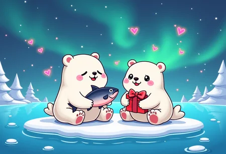 polar bear giving seal one salmon as a gift with gift bow, both cute and round and happy, smiling, sitting on ice floe in ocean, cartoon graphics, kawaii, little neon hearts flying around, northern lights and stars in sky, 2D,