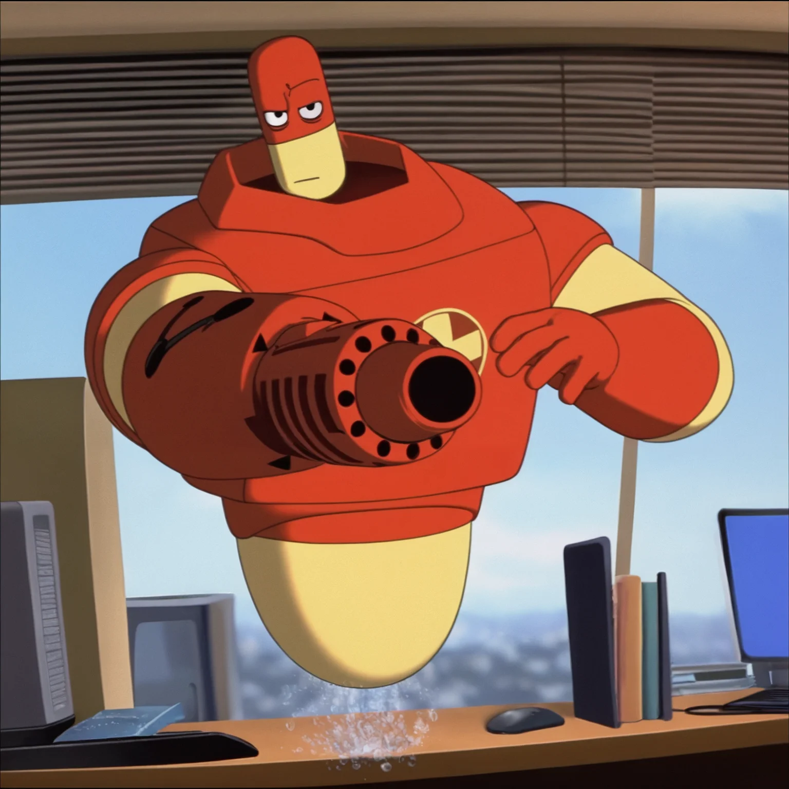 osmosisdrix, masterpiece,best quality,amazing quality, robot, aiming, detailed, looking at viewer,