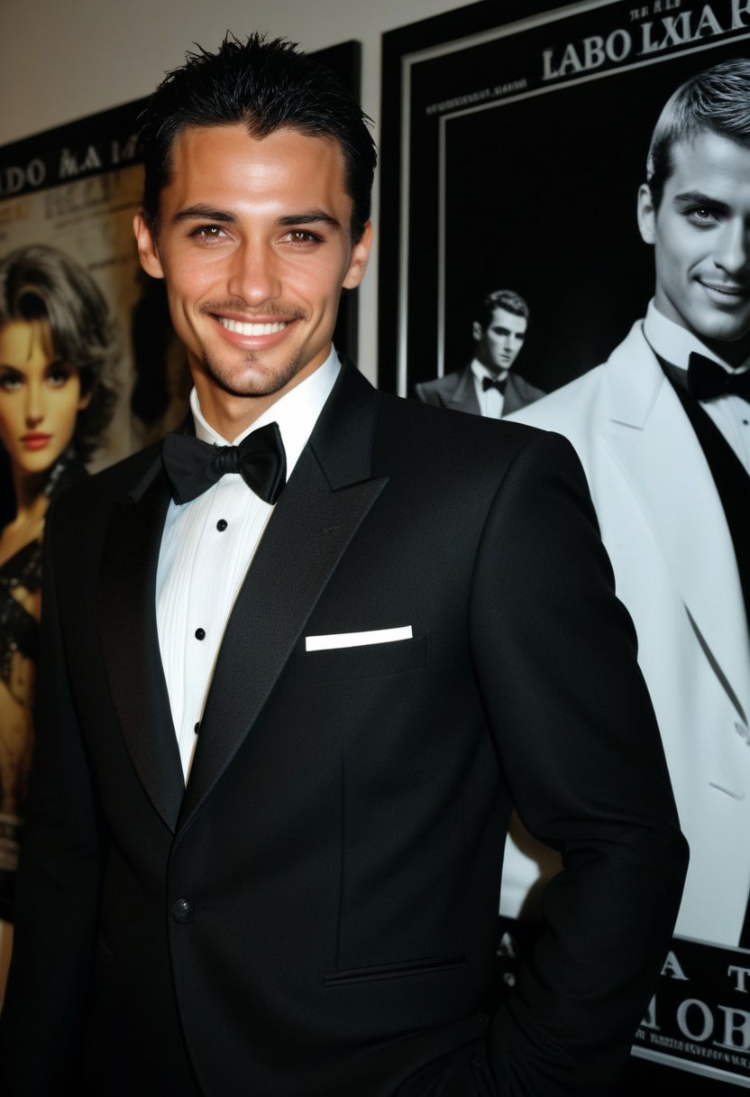 raw photo, 28yo male agent AM33R stand in front of posters, wearing (tuxedo uniform),short elegant hair